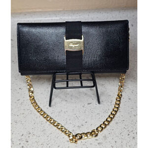 Salvatore Ferragamo Vara Logos Black Lizard Leather Long Wallet on Chain w/inser